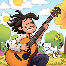 A vibrant and whimsical scene depicting Jorge Drexler playing an acoustic guitar in a colorful Snoopy cartoon setting