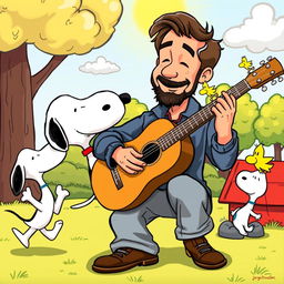 A vibrant and whimsical scene depicting Jorge Drexler playing an acoustic guitar in a colorful Snoopy cartoon setting