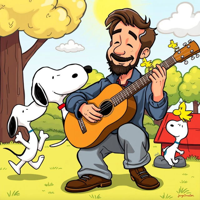 A vibrant and whimsical scene depicting Jorge Drexler playing an acoustic guitar in a colorful Snoopy cartoon setting