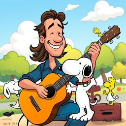 A vibrant and whimsical scene depicting Jorge Drexler playing an acoustic guitar in a colorful Snoopy cartoon setting