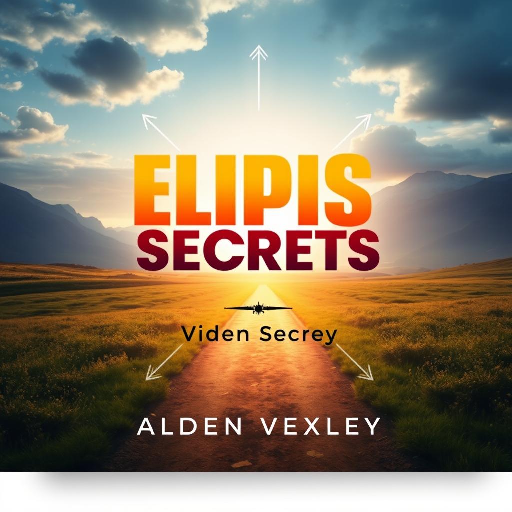 A flat book cover design titled 'Elipsis Secrets' by Alden Vexley, featuring a realistic image of a serene landscape with a path leading toward a bright horizon, symbolizing transformation
