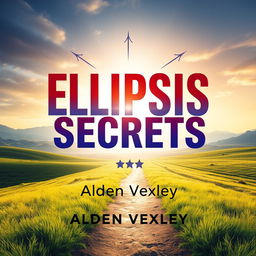 A flat book cover design titled 'Elipsis Secrets' by Alden Vexley, featuring a realistic image of a serene landscape with a path leading toward a bright horizon, symbolizing transformation
