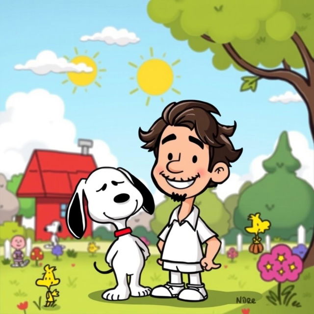 A delightful and playful illustration of Jorge Drexler in a Snoopy cartoon style