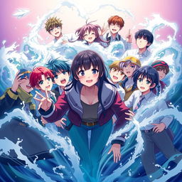 An anime cover image featuring a female fan surrounded by a 13-member K-pop group