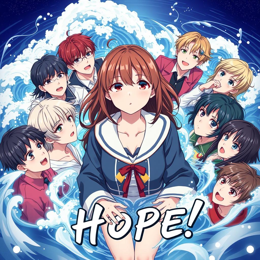 An anime cover image featuring a female fan surrounded by a 13-member K-pop group