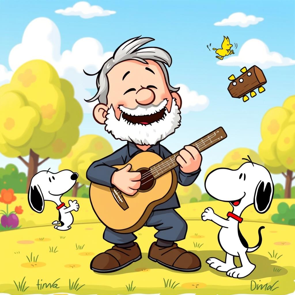 A charming illustration of an older man with grey hair and a beard, joyfully playing an acoustic guitar in a vibrant Snoopy cartoon setting
