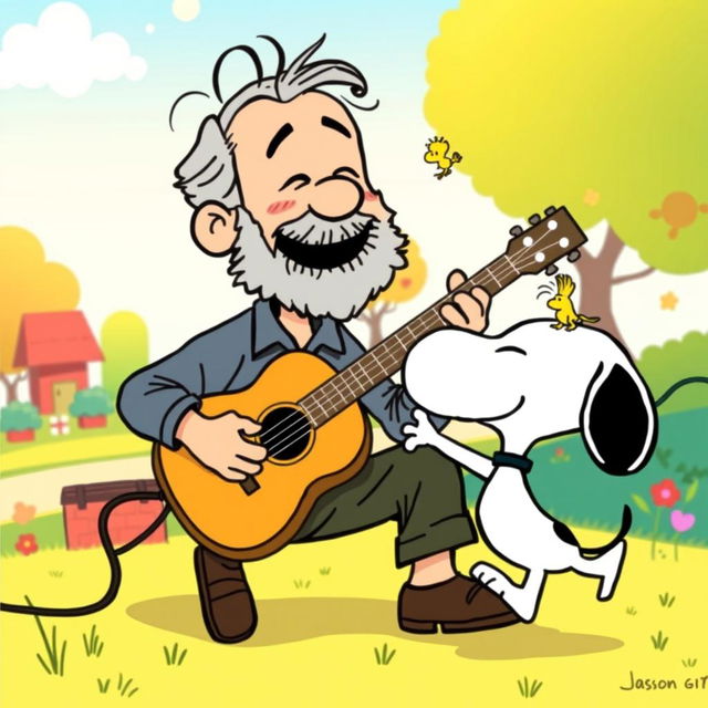 A charming illustration of an older man with grey hair and a beard, joyfully playing an acoustic guitar in a vibrant Snoopy cartoon setting