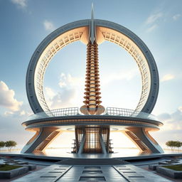 An architectural representation of the C1 and C2 vertebrae, creatively designed to resemble a futuristic building structure