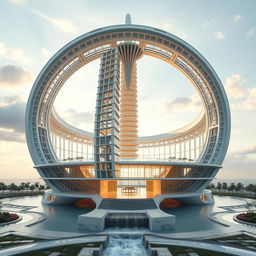 An architectural representation of the C1 and C2 vertebrae, creatively designed to resemble a futuristic building structure