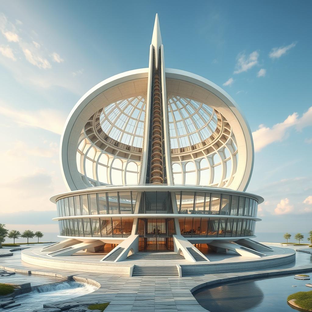 An architectural representation of the C1 and C2 vertebrae, creatively designed to resemble a futuristic building structure