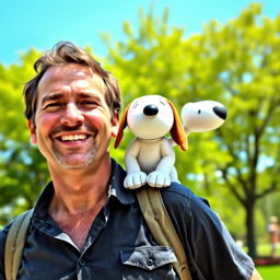 A realistic photograph of a man with a warm smile, standing outdoors, with Snoopy, the beloved cartoon beagle, perched playfully on his shoulder