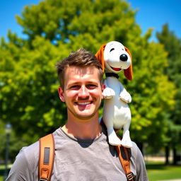 A realistic photograph of a man with a warm smile, standing outdoors, with Snoopy, the beloved cartoon beagle, perched playfully on his shoulder