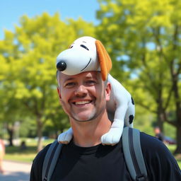 A realistic photograph of a man with a warm smile, standing outdoors, with Snoopy, the beloved cartoon beagle, perched playfully on his shoulder