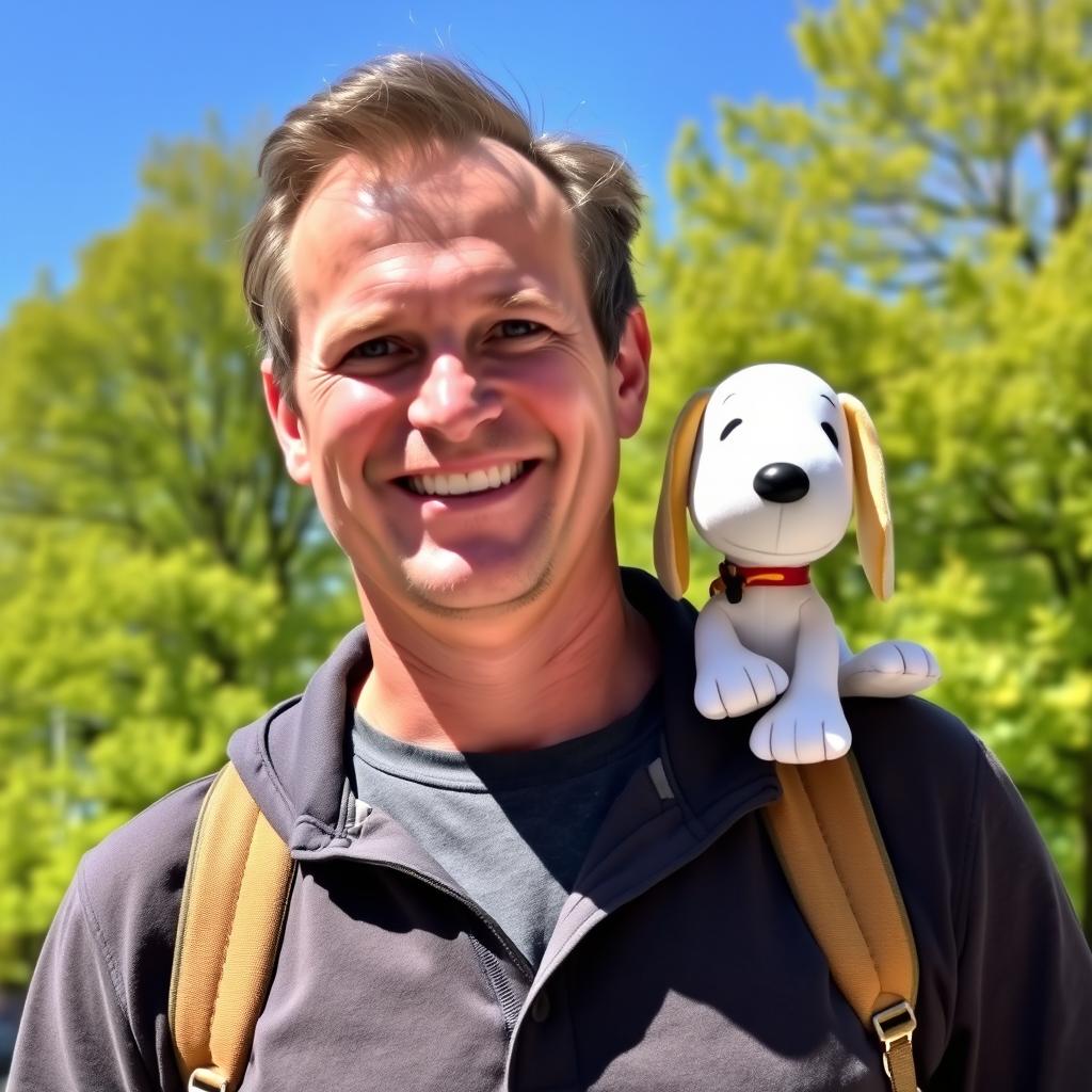 A realistic photograph of a man with a warm smile, standing outdoors, with Snoopy, the beloved cartoon beagle, perched playfully on his shoulder