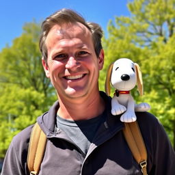 A realistic photograph of a man with a warm smile, standing outdoors, with Snoopy, the beloved cartoon beagle, perched playfully on his shoulder