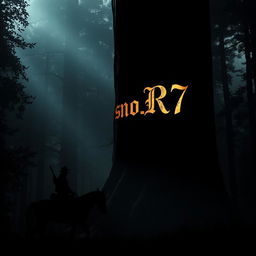 A silhouette of a horseman riding through a dark, dense forest, surrounded by towering trees