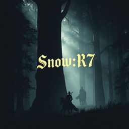 A silhouette of a horseman riding through a dark, dense forest, surrounded by towering trees
