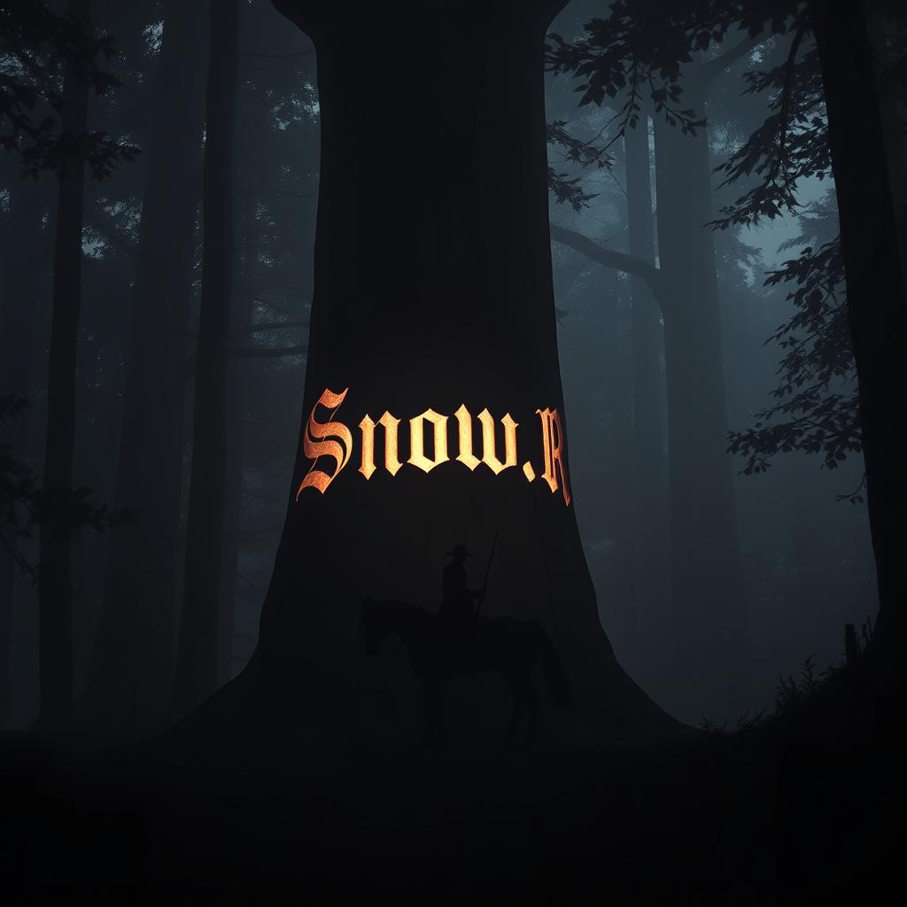 A silhouette of a horseman riding through a dark, dense forest, surrounded by towering trees