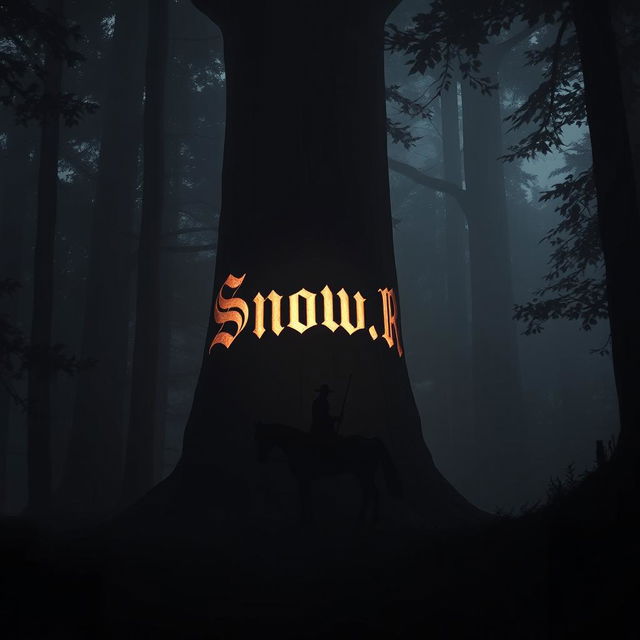 A silhouette of a horseman riding through a dark, dense forest, surrounded by towering trees