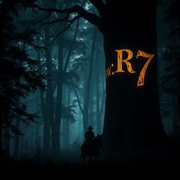 A silhouette of a horseman riding through a dark, dense forest, surrounded by towering trees