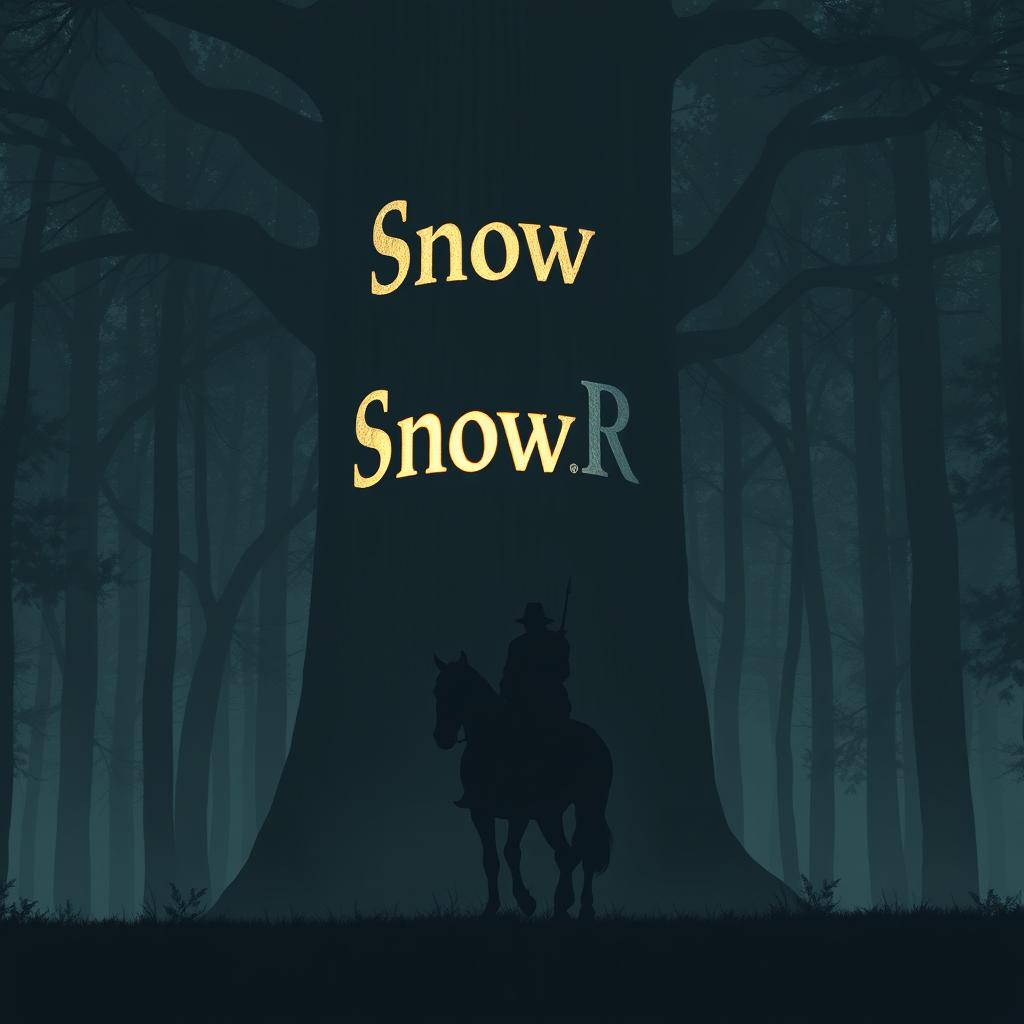 A lone horseman silhouetted against the dark forest, riding through a shadowy woodland