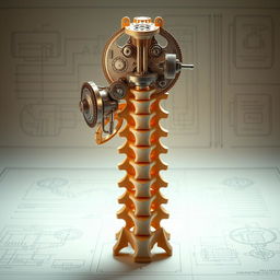 An artistic interpretation of the first two cervical vertebrae (C1 and C2) as intricate engineering masterpieces, showcasing their unique anatomical structures in a beautifully designed format
