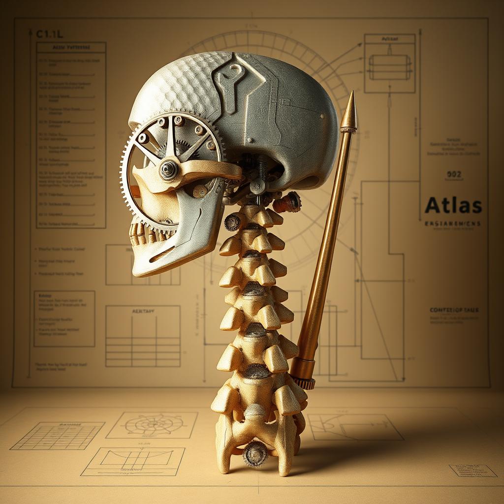 An artistic interpretation of the first two cervical vertebrae (C1 and C2) as intricate engineering masterpieces, showcasing their unique anatomical structures in a beautifully designed format