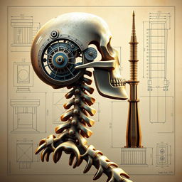 An artistic interpretation of the first two cervical vertebrae (C1 and C2) as intricate engineering masterpieces, showcasing their unique anatomical structures in a beautifully designed format