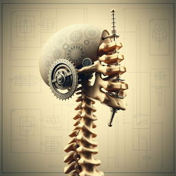 An artistic interpretation of the first two cervical vertebrae (C1 and C2) as intricate engineering masterpieces, showcasing their unique anatomical structures in a beautifully designed format