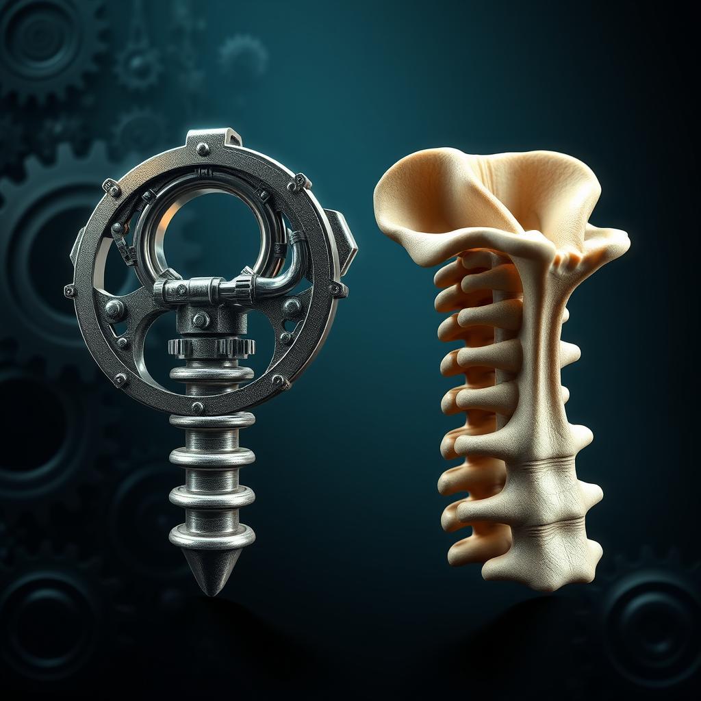 A visually stunning depiction of the first two cervical vertebrae (C1 and C2) as extraordinary engineering masterpieces