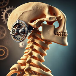 A visually stunning depiction of the first two cervical vertebrae (C1 and C2) as extraordinary engineering masterpieces