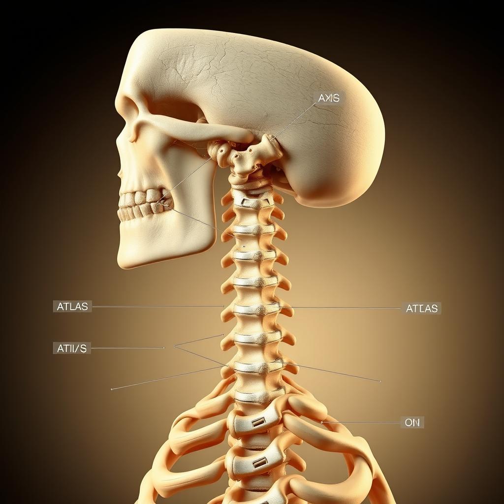 An intricate illustration of the first two cervical vertebrae, known as the atlas and axis, showcasing their unique anatomical features and engineering marvels