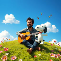 An imaginative and whimsical scene featuring Jorge Drexler, the renowned Uruguayan musician, in a cheerful and colorful setting alongside the beloved Peanuts character Snoopy