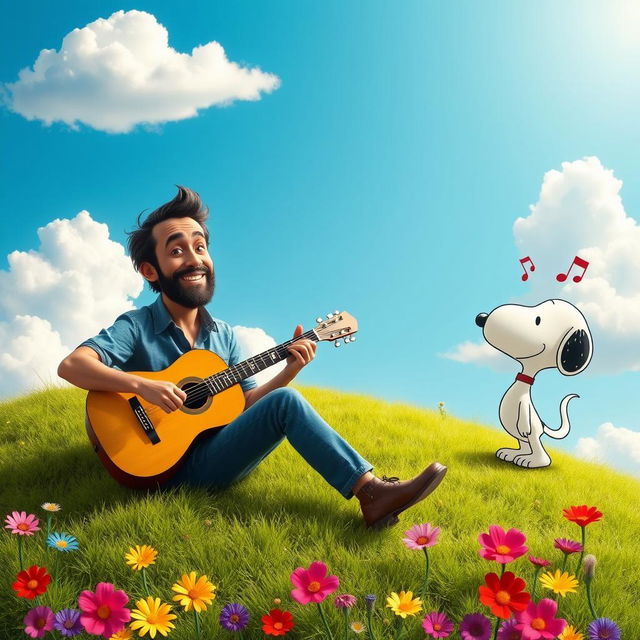 An imaginative and whimsical scene featuring Jorge Drexler, the renowned Uruguayan musician, in a cheerful and colorful setting alongside the beloved Peanuts character Snoopy