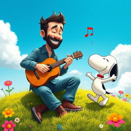 An imaginative and whimsical scene featuring Jorge Drexler, the renowned Uruguayan musician, in a cheerful and colorful setting alongside the beloved Peanuts character Snoopy