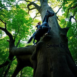 A man riding a horse, surrounded by a dense forest