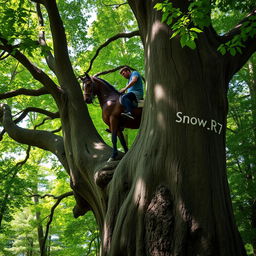 A man riding a horse, surrounded by a dense forest