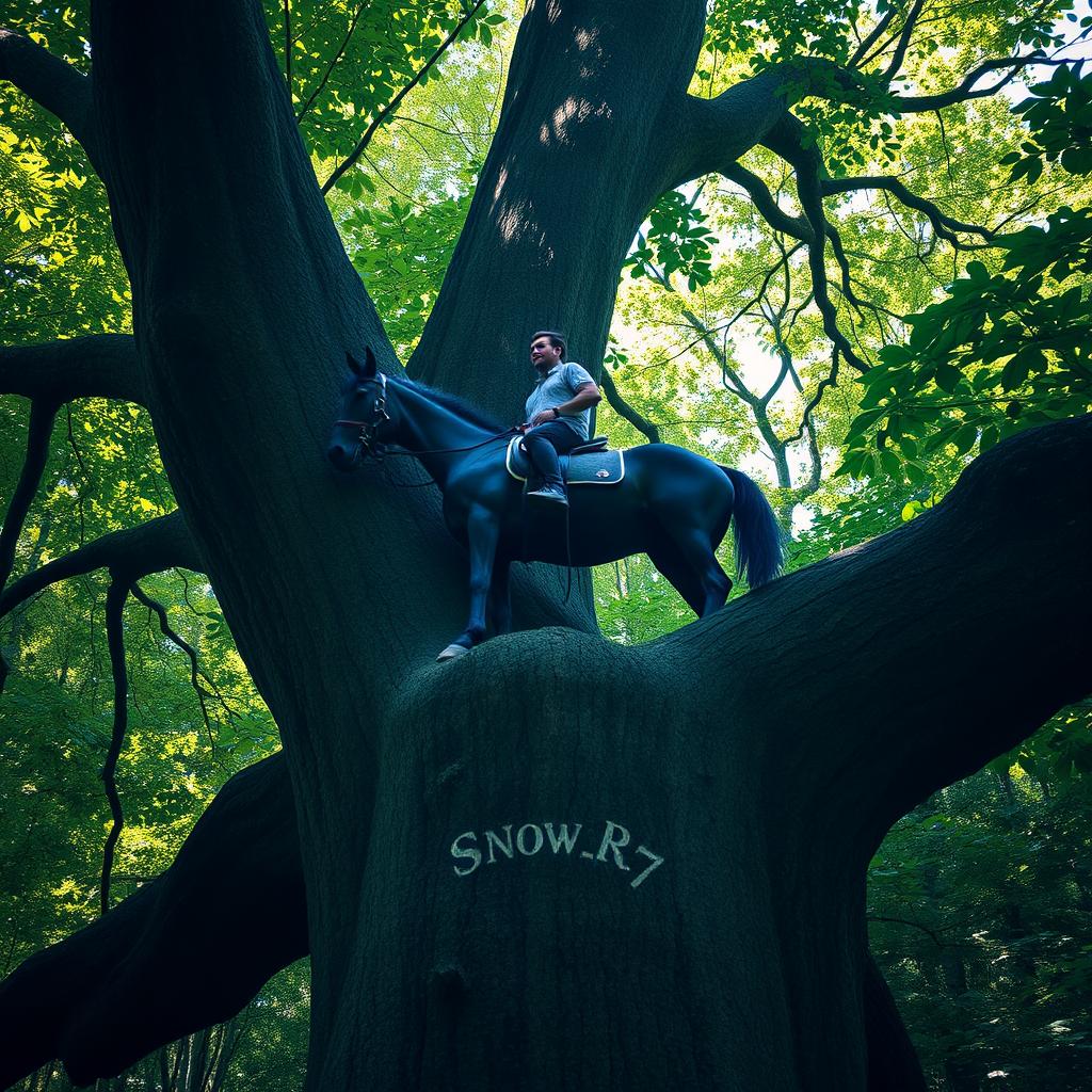 A man riding a horse, surrounded by a dense forest