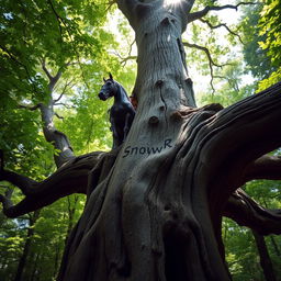 A man riding a horse, surrounded by a dense forest
