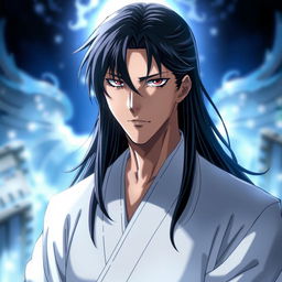 A highly detailed and dramatic portrait of Sosuke Aizen from the anime Bleach