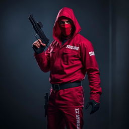 A man wearing a Squid Game outfit, complete with the distinctive red jumpsuit and face mask, stands confidently holding a gun in one hand