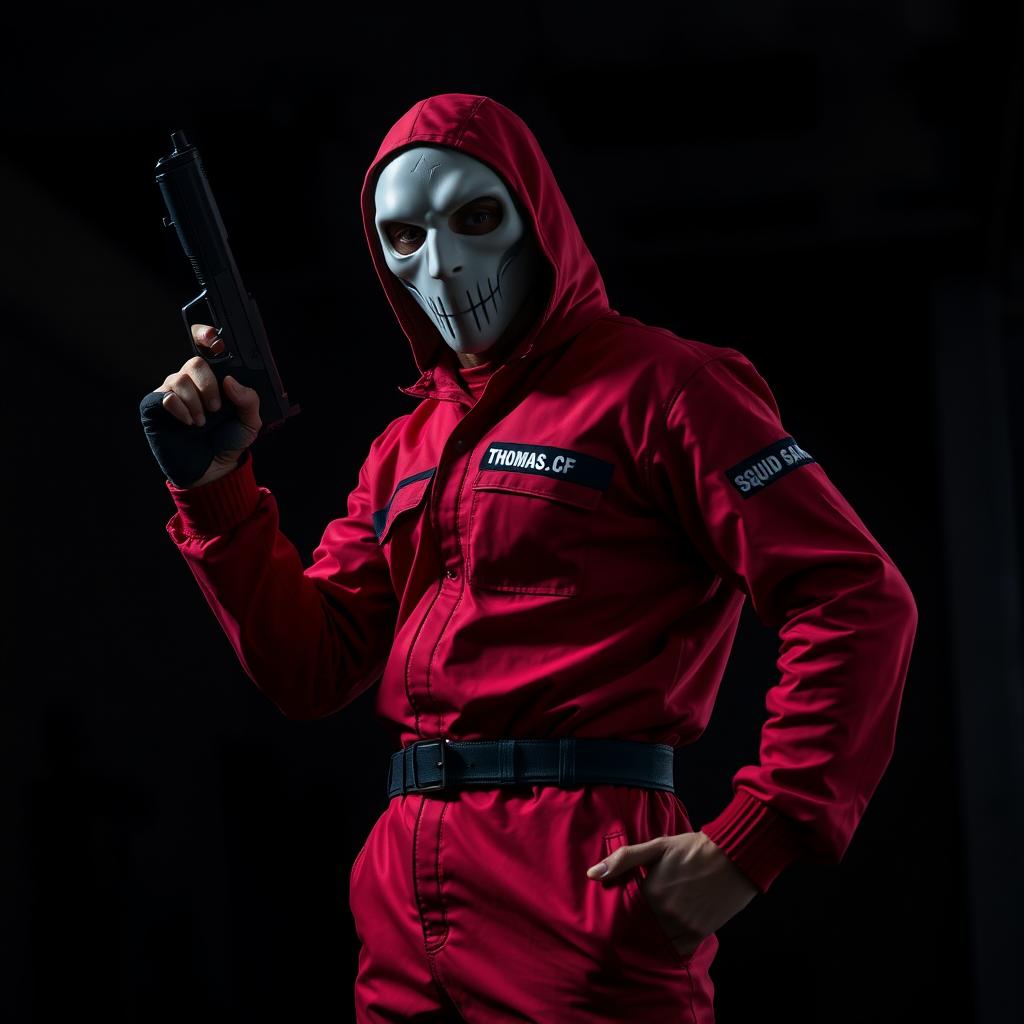A man wearing a Squid Game outfit, complete with the distinctive red jumpsuit and face mask, stands confidently holding a gun in one hand