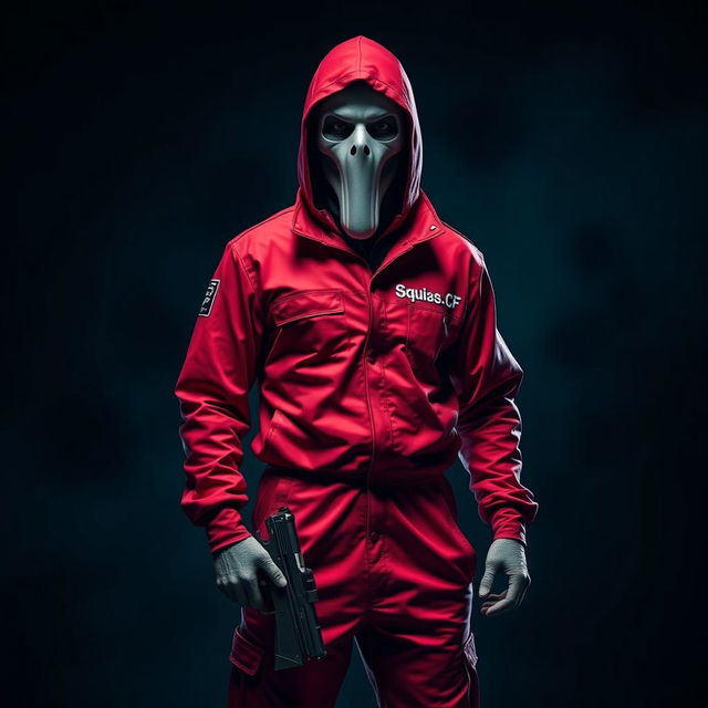 A man wearing a Squid Game outfit, complete with the distinctive red jumpsuit and face mask, stands confidently holding a gun in one hand