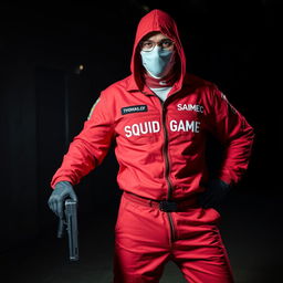 A man wearing a Squid Game outfit, complete with the distinctive red jumpsuit and face mask, stands confidently holding a gun in one hand