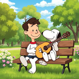 A delightful and heartwarming illustration featuring Snoopy, the charming Peanuts character, and Jorge Drexler, the talented Uruguayan musician