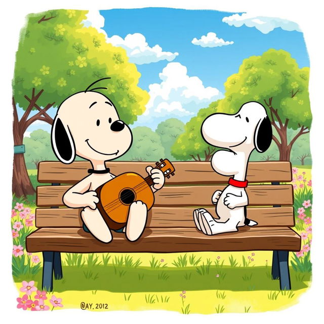 A delightful and heartwarming illustration featuring Snoopy, the charming Peanuts character, and Jorge Drexler, the talented Uruguayan musician
