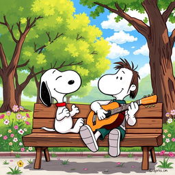 A delightful and heartwarming illustration featuring Snoopy, the charming Peanuts character, and Jorge Drexler, the talented Uruguayan musician