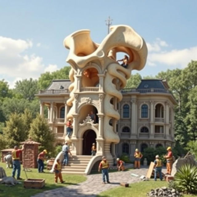 A whimsical and imaginative scene featuring the first and second neck vertebrae creatively transformed into a grand mansion