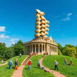 A whimsical and imaginative scene featuring the first and second neck vertebrae creatively transformed into a grand mansion