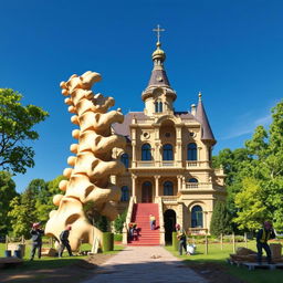 A whimsical and imaginative scene featuring the first and second neck vertebrae creatively transformed into a grand mansion